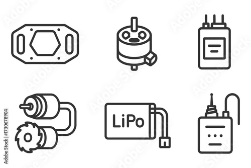 A collection of black and white icons for various electronic components and devices. The icons include a battery, a charger, a power supply. Vector.