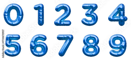Set of blue balloon numbers or foil balloons on a isolated background. Helium balloons for anniversary and wedding. Number golden balloon isolated.