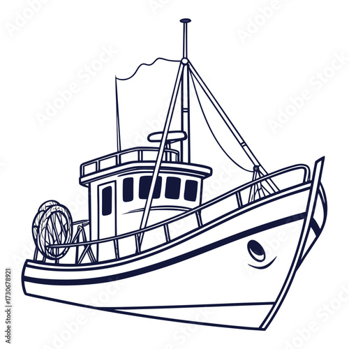 Stylized line art illustration of a fishing trawler boat with net reel and mast on white background
