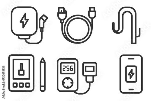 A set of icons for electronic devices and accessories. The icons include a cell phone, a tablet, a laptop, a charger, a power bank, a pen. Vector.