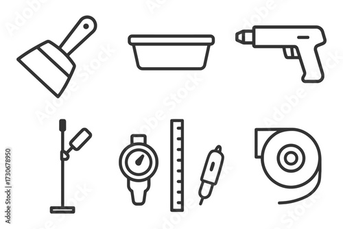 A set of tools and a measuring device. The tools include a hammer, a screwdriver, a pair of pliers, and a paintbrush. Vector.