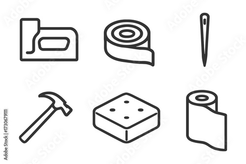 A set of tools and supplies for home improvement. The tools include a hammer, a screwdriver, and a pair of scissors. Vector.