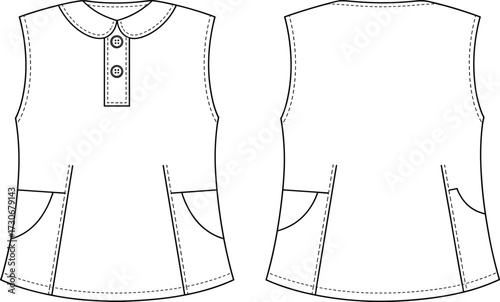 Women’s sleeveless top with peter pan collar button placket and front patch pockets CAD drawing flat vector fashion technical illustration