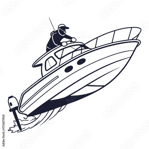 Stylized line art illustration of a person steering a sleek motorboat through choppy water