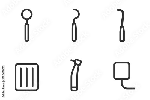 A set of dental tools are shown in a black and white image. The tools include a mirror, a probe, a scaler, and a dental drill. Vector.