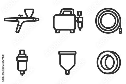 A set of spray paint tools and accessories. The spray paint tools include a spray gun, a spray bottle, and a spray nozzle. Vector.