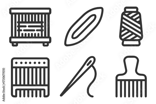 A set of six icons of various hair care items, including a brush, comb, and hair dryer. Vector.