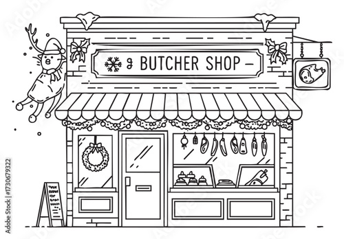 Festive butcher shopfront with holiday decorations and reindeer - stock vector