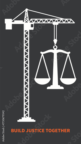 Build Justice Together Legal Equality and Fair System Concept Crane Lifting the Scales of Justice