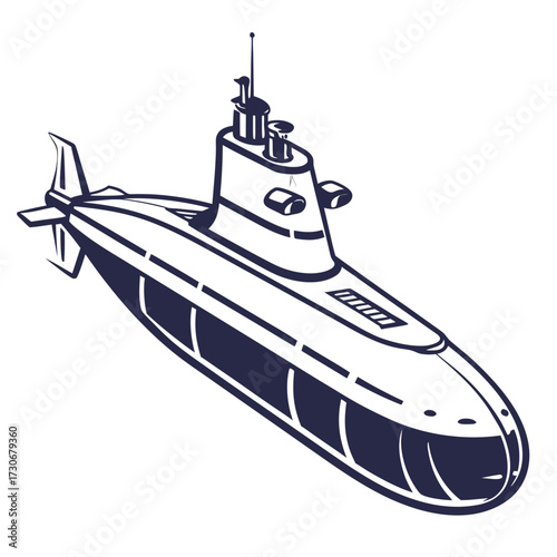 Stylized navy blue outline illustration of a modern submarine viewed from a low angle on a white background