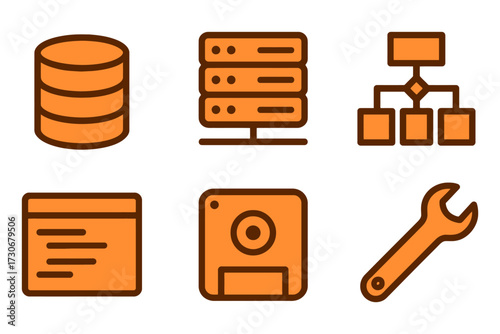 A set of icons for computer hardware and software. The icons include a floppy disc, a hard drive, a computer monitor, a keyboard, a mouse. Vector.