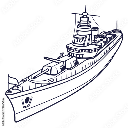 Stylized outline drawing of a modern warship with cannons and flag on a white background