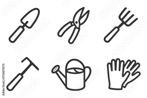 A set of gardening tools including a trowel, a pair of pruning shears, a pair of scissors, a spade, a fork, and a watering can. Vector.