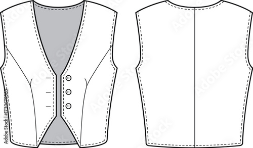 Women’s tailored button vest technical fashion flat, sleeveless waistcoat design, vector template, front and back view, CAD drawing flat vector illustration