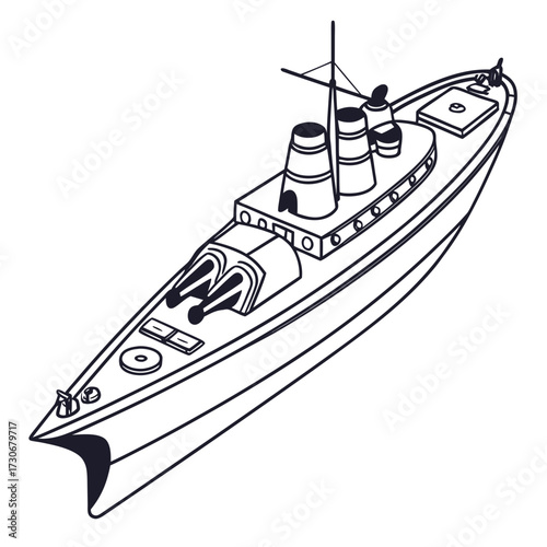 Stylized outline illustration of a warship with multiple guns and smokestacks on a white background