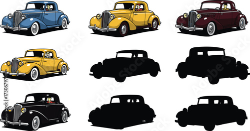 PrintVintage car illustration, antique retro coupe, classic old automobile, collectible transportation art, retro cars, historic vehicle silhouette, vintage design artwork
