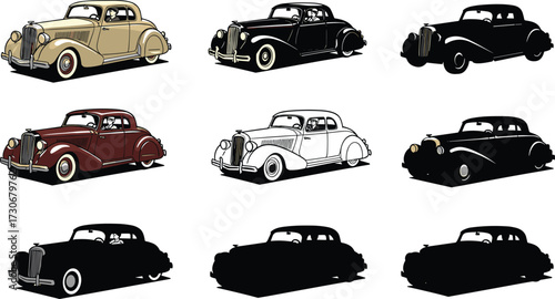 PrintVintage car illustration, classic retro automobile, antique coupe design, old fashioned vehicle, vintage transportation, collectible car art, historic automobile silhouette, retro cars