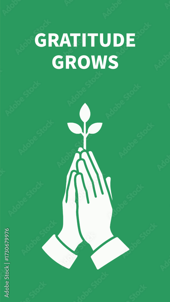 Fototapeta premium Minimalist Green Poster Illustrating Growth of Gratitude: Cupped Praying Hands Gently Holding a Sprouting Plant, Symbolizing the Cultivation of Thankfulness and Inner Peace.
