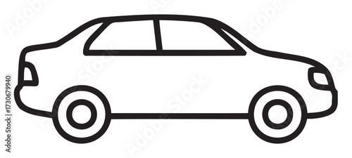 Black and white line drawing of a simple sedan car side view - stock vector
