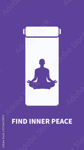 Minimalist Purple Poster for Mindfulness and Mental Health: Silhouette of a Person Meditating in a Lotus Position on a Yoga Mat to Encourage Finding Calm and Inner Peace.