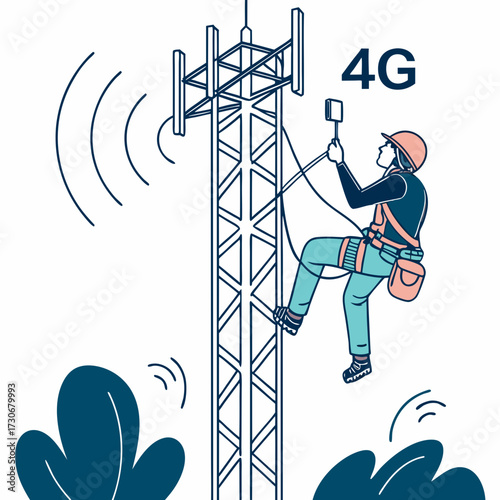 Technician rappels down a 4g cell tower installing equipment and broadcasting wireless signals