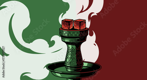 The visual representation of hookah charcoal atop a detailed pipe with wisps of smoke against a green and maroon background.