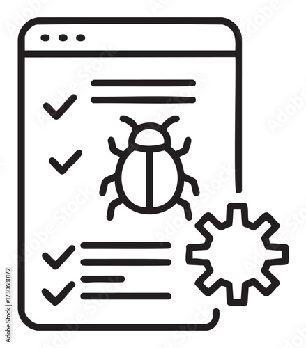 Bug report document with checklist and gear icon displaying software development - stock vector