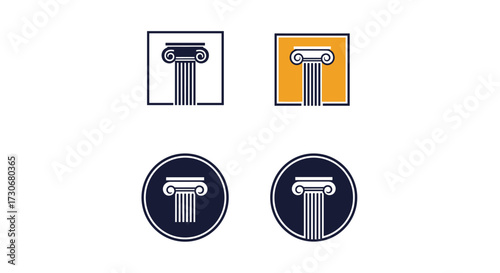 A collection of architectural column icons representing law and justice in a stylized design format.