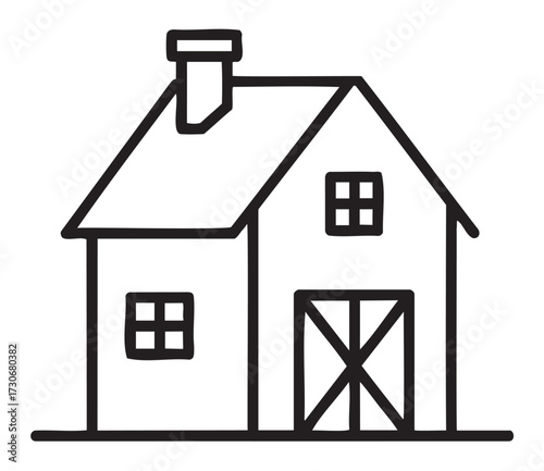 Simplistic black and white line drawing of a farmhouse with chimney and gable roof - stock vector
