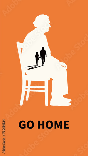 Conceptual Orange Poster on the Elderly and Dementia: Silhouette of an Older Woman on a Chair with a Child and Adult Walking inside, Highlighting the Need for Care and Home.