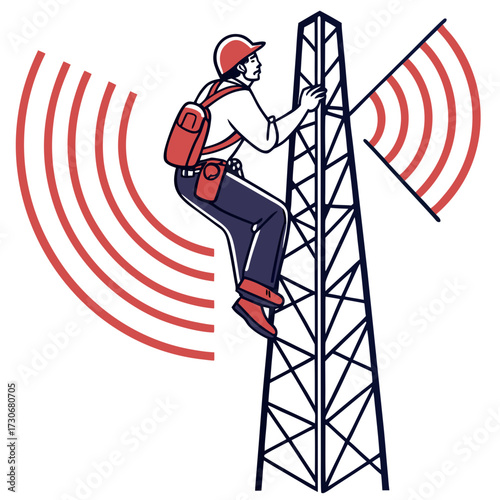 Telecommunication worker climbing a cell tower with radio waves emanating from the antenna