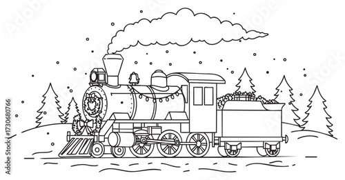 Festive steam train in snowy forest with holiday decorations - stock vector