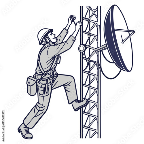 Telecommunications technician climbing a tower to repair satellite dish and antennas with safety harness and tools