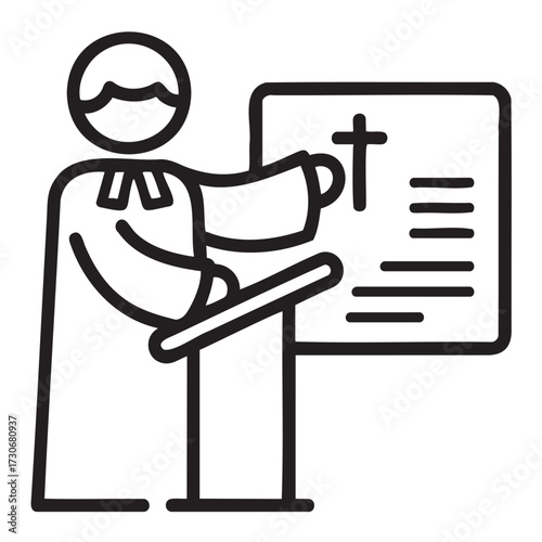 Cleric delivering sermon at podium in church outline icon - stock vector