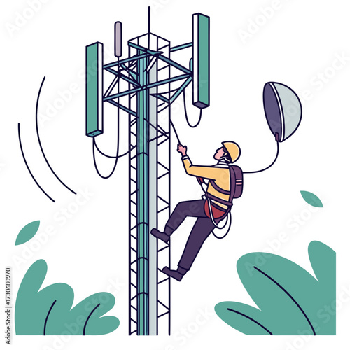 Telecommunications technician climbing a cell tower to perform maintenance and repairs on antennas