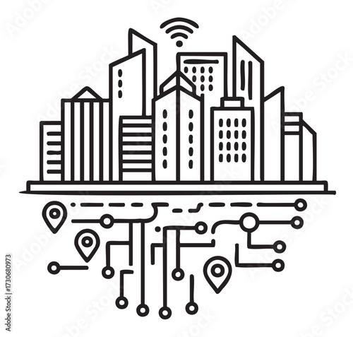 Smart city concept with digital network and wireless connectivity - stock vector