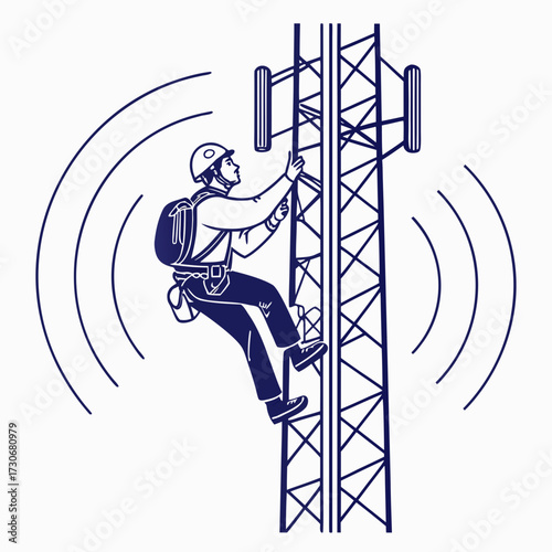 Telecommunications technician in safety gear climbing a cell tower with radio waves emanating outwards