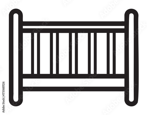 Black and white baby crib icon symbolizing child's bed with vertical slats - stock vector