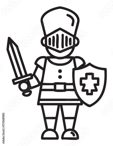 Medieval knight line art with sword and shield for coloring - stock vector