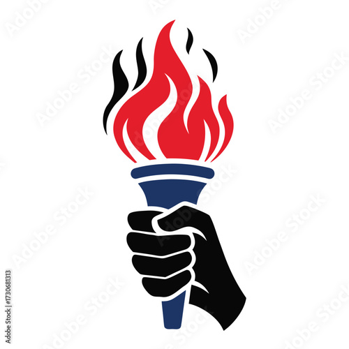 Black hand holding a torch with red and black flames on a white background fire