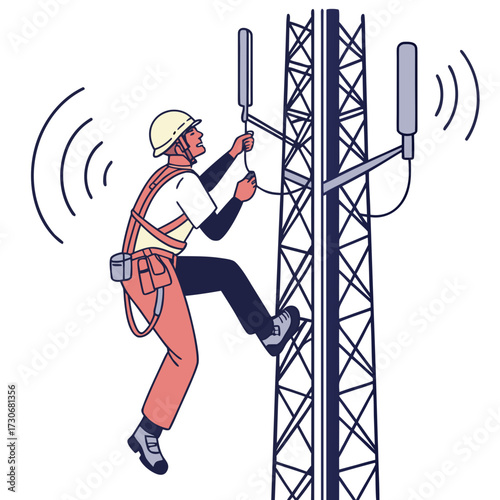 Telecommunications worker in safety harness climbing a cell tower to install and maintain antennas for wireless network signals