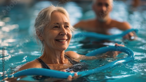 smiling senior woman doing aqua fitness with swim noodles happy mature healthy woman taking fitness classes in aqua aerobics healthy old woman holding swim noodles doing aqua gym with young trainer n