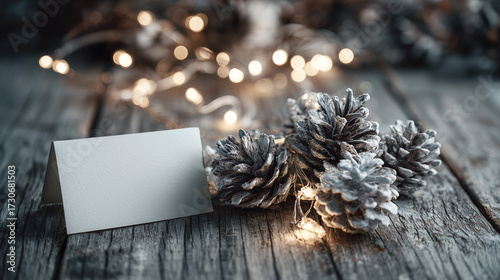 Blank greeting card with pinecones and fairy lights on wooden table  