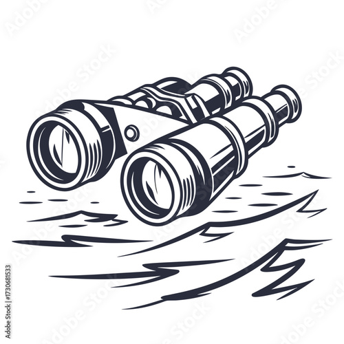 Vintage binoculars resting on stylized choppy ocean waves in a graphic illustration style