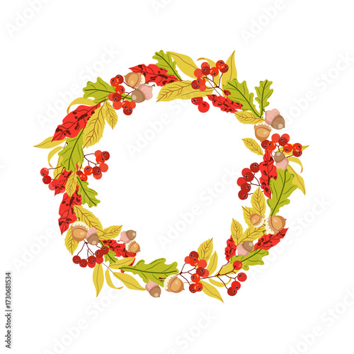 Beautiful autumn wreath with rowan berries, acorns and leaves. wreath of autumn leaves, berries. Autumn fall leaves  in round frame. Border wreath of leaves for postcards, invitations, covers.
