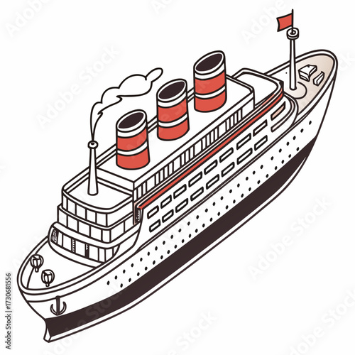 Vintage illustration of a grand passenger steamship with three smokestacks emitting smoke and a red flag