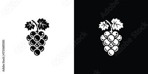 Black & White Grape Cluster with Leaves in Minimalist Outline Icon Design Style