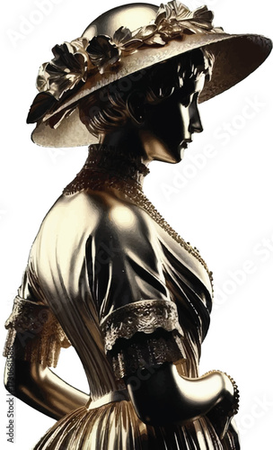 A golden statue of a woman wearing a large, ornate hat and a period dress, captured in a vector illustration style with dramatic shading and detail.