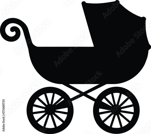 Black Silhouette of a Baby Carriage or Stroller on a White Background. Minimalist Vector Illustration.

