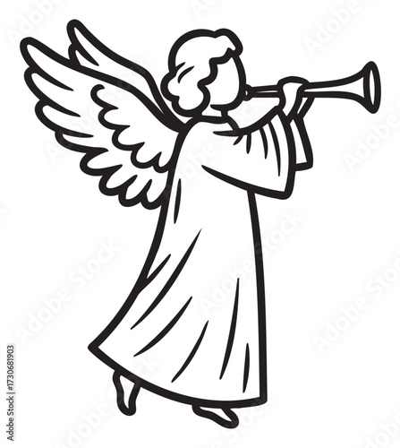 Line art of angel playing trumpet with wings and flowing robe - stock vector